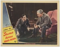 4a812 SHERLOCK HOLMES FACES DEATH LC 1943 Basil Rathbone & Nigel Bruce inspect clue on floor!