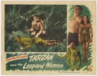 4a879 TARZAN & THE LEOPARD WOMAN LC 1946 Johnny Weissmuller kneels over slain leopard man!