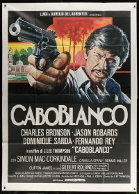 4b295 CABOBLANCO Italian 2p 1980 best different art of tough Charles Bronson pointing gun, rare!
