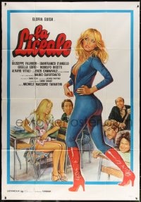 4b360 TEASERS Italian 2p 1975 Sciotti art of sexy Gloria Guida in jumpsuit seducing classmates!