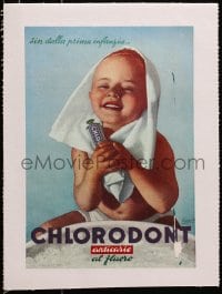 4b378 CHLORODONT linen 9x13 Italian advertising poster 1960s Gino Boccasile art of kid w/toothpaste!