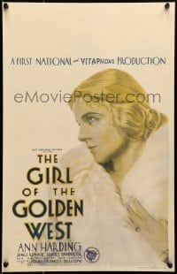 4b478 GIRL OF THE GOLDEN WEST WC 1930 wonderful artwork of pretty pensive Ann Harding wearing fur!