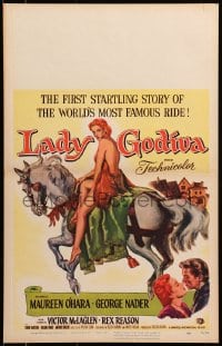 4b541 LADY GODIVA WC 1955 artwork of super sexy naked Maureen O'Hara on horseback!