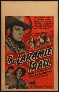 4b543 LARAMIE TRAIL WC 1944 art of cowboy hero Robert Livingston, Smiley Burnette & Linda Brent!