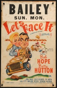 4b547 LET'S FACE IT WC 1943 cool art of Bob Hope & Betty Hutton in jeep, songs by Cole Porter!