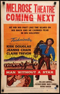 4b567 MAN WITHOUT A STAR WC 1955 art of cowboy Kirk Douglas carrying saddle, Jeanne Crain