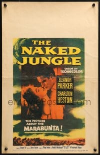 4b595 NAKED JUNGLE WC 1954 romantic close up of Charlton Heston & Eleanor Parker, George Pal