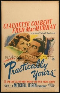 4b613 PRACTICALLY YOURS WC 1944 art of Claudette Colbert hugging Air Force pilot Fred MacMurray!