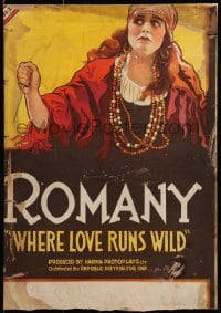 4b690 WHERE LOVE RUNS WILD WC 1919 art of scared Romany gypsy woman with dagger, ultra rare!