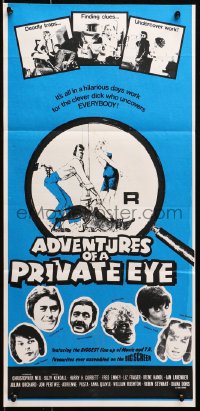 4c306 ADVENTURES OF A PRIVATE EYE Aust daybill 1977 Christopher Neil, Suzy Kendall, wacky art!