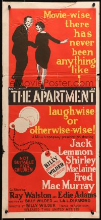 4c333 APARTMENT Aust daybill 1960 Billy Wilder, Jack Lemmon, Shirley MacLaine, cool key-in-lock art!