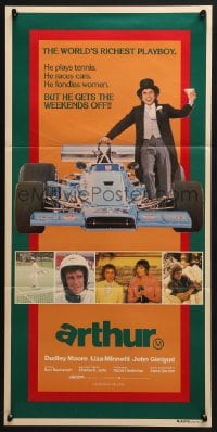 4c337 ARTHUR Aust daybill 1981 different image of drunk Dudley Moore by F1 race car!