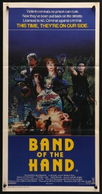 4c347 BAND OF THE HAND Aust daybill 1986 Paul Michael Glaser, completely different art by Konkoly!
