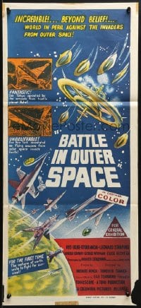 4c351 BATTLE IN OUTER SPACE Aust daybill 1960 Uchu Daisenso, Toho, cool sci-fi art!