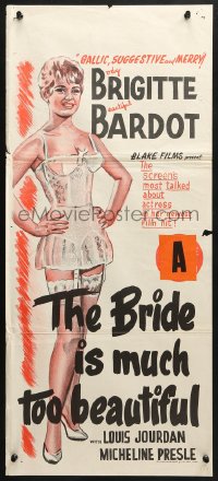 4c390 BRIDE IS MUCH TOO BEAUTIFUL Aust daybill 1958 sexy barely-dressed Brigitte Bardot in lingerie!