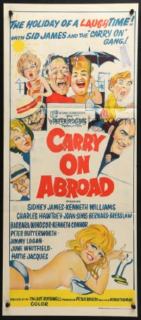4c414 CARRY ON ABROAD Aust daybill 1972 Sidney James, Kenneth Williams, English sex!