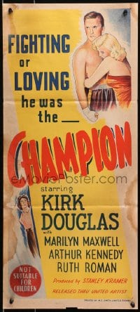 4c429 CHAMPION Aust daybill 1949 art of boxer Kirk Douglas with Marilyn Maxwell, boxing classic!