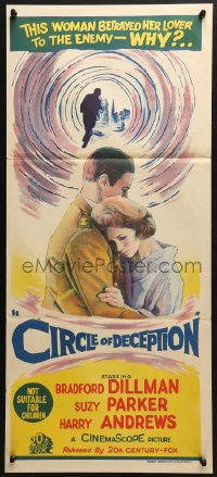 4c436 CIRCLE OF DECEPTION Aust daybill 1960 sexy Suzy Parker, a spy should never fall in love, cool artwork!