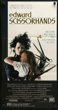 4c493 EDWARD SCISSORHANDS Aust daybill 1990 Tim Burton classic, scarred Johnny Depp & Winona Ryder!