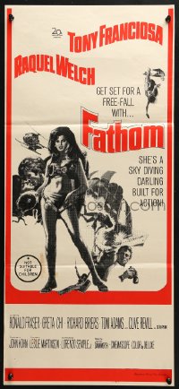 4c518 FATHOM Aust daybill 1967 art of sexy nearly-naked Raquel Welch in skydiving harness!