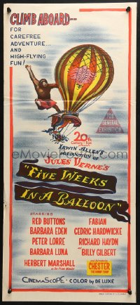 4c523 FIVE WEEKS IN A BALLOON Aust daybill 1962 Jules Verne, Red Buttons, Fabian, Barbara Eden!