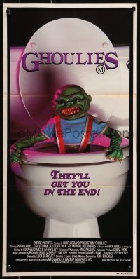 4c557 GHOULIES Aust daybill 1985 wacky horror image of goblin in toilet, they'll get you in the end