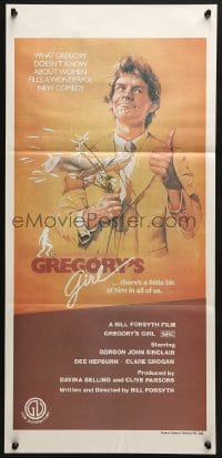 4c573 GREGORY'S GIRL Aust daybill 1982 Bill Forsyth, John Gordon Sinclair, C.D. de Mar art!