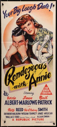 4c819 RENDEZVOUS WITH ANNIE Aust daybill 1946 art of Eddie Albert, Faye Marlowe & stork!