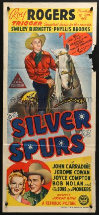 4c855 SILVER SPURS Aust daybill 1943 art of Roy Rogers close up w/Brooks & riding Trigger!