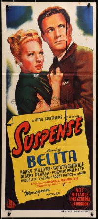4c904 SUSPENSE Aust daybill 1946 Belita, Barry Sullivan, cool film noir artwork!