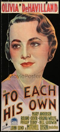 4c933 TO EACH HIS OWN trimmed Aust daybill 1946 great close up art of pretty Olivia de Havilland!