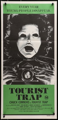 4c938 TOURIST TRAP Aust daybill 1979 Charles Band, wacky horror image of masked woman with camera!