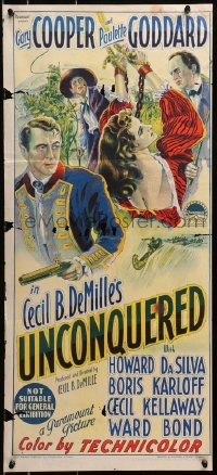 4c952 UNCONQUERED Aust daybill 1948 Richardson Studio art of Gary Cooper and Paulette Goddard!