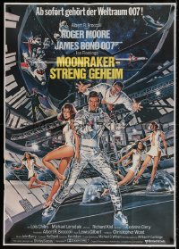 4c156 MOONRAKER German 33x47 1979 art of Roger Moore as James Bond & sexy space babes by Goozee!