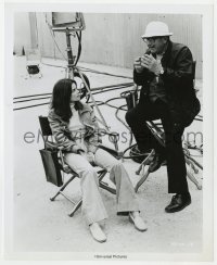 4d318 EARTHQUAKE candid 8x10 still 1974 Genevieve Bujold & director Mark Robson between scenes!