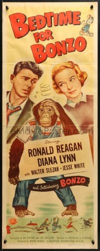 4f016 BEDTIME FOR BONZO insert 1951 wacky chimpanzee on bed between Ronald Reagan & Diana Lynn!