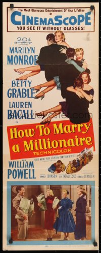 4f126 HOW TO MARRY A MILLIONAIRE insert 1953 sexy Marilyn Monroe, Betty Grable & Lauren Bacall!