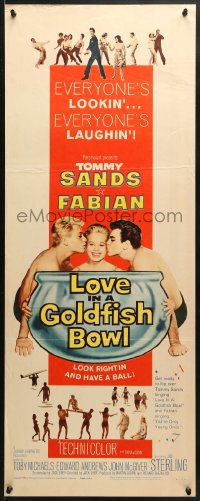 4f154 LOVE IN A GOLDFISH BOWL insert 1961 great art of Tommy Sands & Fabian kissing pretty girl!
