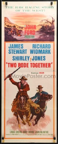 4f252 TWO RODE TOGETHER insert 1961 John Ford, art of James Stewart & Richard Widmark on horses!
