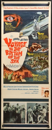 4f258 VOYAGE TO THE BOTTOM OF THE SEA insert 1961 fantasy sci-fi art of scuba divers & monster!