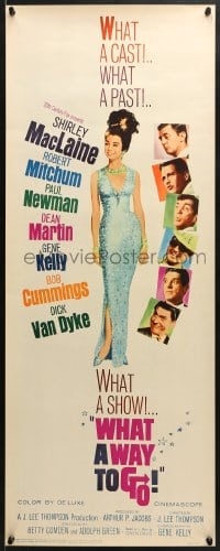 4f262 WHAT A WAY TO GO insert 1964 Paul Newman, Mitchum, Dean Martin, full-length Shirley MacLaine!