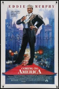 4g594 COMING TO AMERICA 1sh 1988 great artwork of African Prince Eddie Murphy by Dellorco!