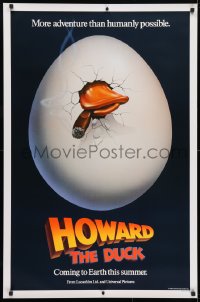 4g710 HOWARD THE DUCK teaser 1sh 1986 George Lucas, great art of hatching egg with cigar in mouth!