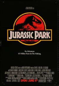 4g731 JURASSIC PARK advance 1sh 1993 Steven Spielberg, classic logo with T-Rex over red background