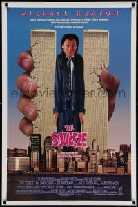 4g907 SQUEEZE 1sh 1987 wacky image of giant Michael Keaton being crushed by Twin Towers!
