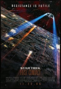 4g918 STAR TREK: FIRST CONTACT int'l advance DS 1sh 1996 starship Enterprise above Borg cube!