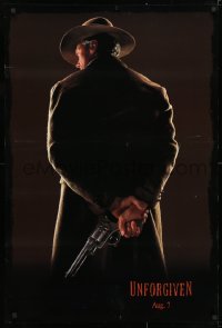 4g964 UNFORGIVEN teaser DS 1sh 1992 image of gunslinger Clint Eastwood w/back turned, dated design!