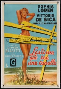 4h027 TOO BAD SHE'S BAD linen Argentinean 1954 sexy Sophia Loren in bikini seems naked behind fence!