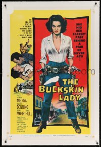 4h214 BUCKSKIN LADY linen 1sh 1957 sexy full-length bad cowgirl Medina with both guns drawn!