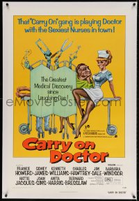 4h219 CARRY ON DOCTOR linen 1sh 1972 the gang is playing doctor with the sexiest nurses in town!